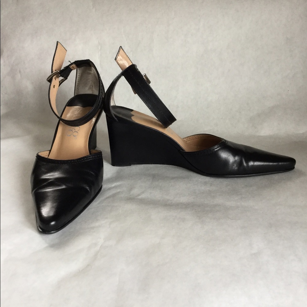 Franco Sarto black leather wedges